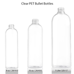 West Coast Aromatics Clear PET Bullet Bottles – Lightweight, recyclable cylindrical plastic bottles in 8 oz, 16 oz, and 1 liter sizes.