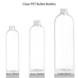 West Coast Aromatics Clear PET Bullet Bottles – Lightweight, recyclable cylindrical plastic bottles in 8 oz, 16 oz, and 1 liter sizes.